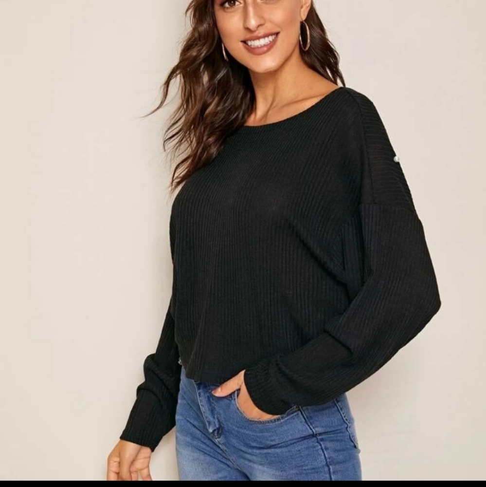 Sexy black low back sweater pearl accents - Picture 2 of 5